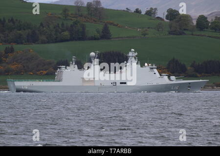 KDM Absalon (L16), an Absalon-class support ship operated by the Royal Norwegian Navy, passing Greenock on arrival for Exercise Formidable Shield 2019 Stock Photo