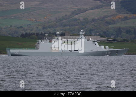 KDM Absalon (L16), an Absalon-class support ship operated by the Royal Norwegian Navy, passing Greenock on arrival for Exercise Formidable Shield 2019 Stock Photo