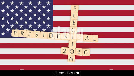USA Politics News Concept: Letter Tiles Presidential Election 2020 With US Flag, 3d illustration Stock Photo