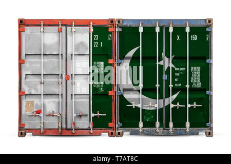 The concept of Pakistan export-import and national delivery of goods. Close-up of the container with the national flag of Pakistan on white isolated b Stock Photo