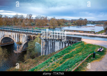 Pont aqueduct. Boat canal bridge over Laura river in early spring. Digoin, France Stock Photo