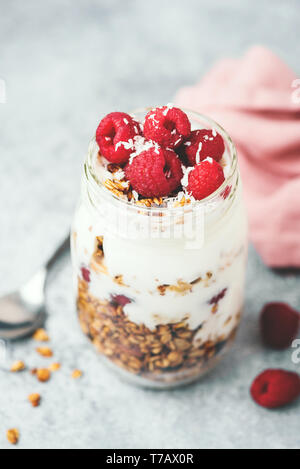 Breakfast parfait with yogurt, granola, berries and coconut flakes in jar on concrete background. Closeup view, selective focus, toned image Stock Photo