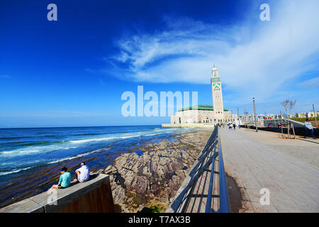 The beautiful new promenade along the Atlantic ocean coast with the Hassan II mosque in the background.