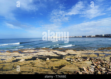 The Atlantic ocean coast with the Hassan II mosque in the background. Stock Photo