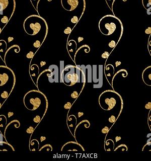 Seamless pattern for floral vector design. Abstract stylized flowers with heart bud. Golden outlines on the black background Stock Vector