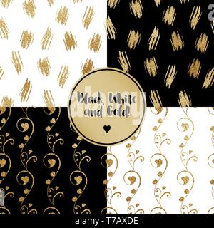 Black, white and gold seamless patterns set. Collection of floral vector backgrounds with golden textures and brush strokes. Abstract stylized flowers with heart bud. Stock Vector