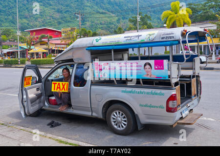 Songthaew, taxi, Phet Kasem Road, main road, Khao Lak, Thailand Stock Photo