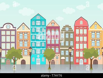 Street with colorful houses, trees and lanterns, seamless border, urban landscape, old city background. Multicolored European houses in row with blue  Stock Vector
