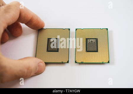 Man hand comparing two new powerful workstation CPU processors before service new computer workstation server Stock Photo