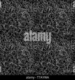 Abstract white messy hatching, freehand doodling seamless pattern on black Stock Vector