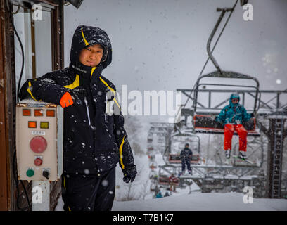 Ski lift worker, Hakuba, Japan Stock Photo