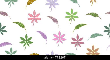Seamless pattern from leaves of tropical plants. Vector hand drawing illustration. Isolated elements on a white background. Stock Vector