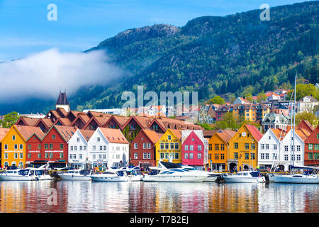 Historic hanseatic buildings in Bryggen by Vågen Bay, Bergen, Norway Stock Photo