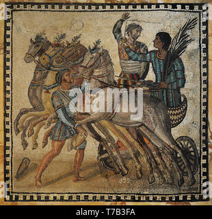 Quadriga of the factio veneta. The blue team has won the race and the winner triumphantly holds the palm in his hand. The iubilator hails the winner and the sparsor prepares to water the horses. Roman mosaic. 3rd century AD. Limestone. From Rome, Italy. National Archaeological Museum. Madrid. Stock Photo