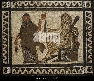 The Labours of Hercules. Roman mosaic. Detail of the central panel with depiction of Hercules and Omphale. Limestone. 3rd century AD. From Liria (Valencia province, Spain). National Archaeological Museum. Madrid. Spain. Stock Photo