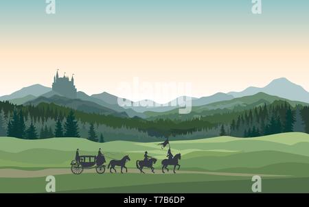 Panorama with medieval castle and knight. Cartoon and vector ...