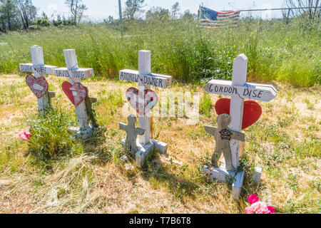 86 crosses were planted to memorialize the victims of the Camp Fire disaster in Paradise, California. The crosses were the idea of Greg Zanis, from Ch Stock Photo