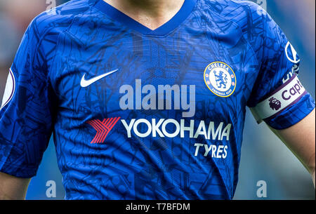 London, UK. 05th May, 2019. 2019/20 Chelsea front of shirt detail during the Premier League match between Chelsea and Watford at Stamford Bridge, London, England on 5 May 2019. Photo by Andy Rowland. Editorial use only, license required for commercial use. No use in betting, games or a single club/league/player publications.Õ Credit: PRiME Media Images/Alamy Live News Stock Photo