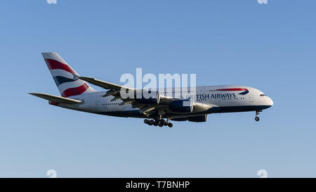 Richmond, British Columbia, Canada. 5th May, 2019. A British Airways Airbus A380-841 (G-XLEE) jetliner on short final approach for landing. Credit: Bayne Stanley/ZUMA Wire/Alamy Live News Stock Photo