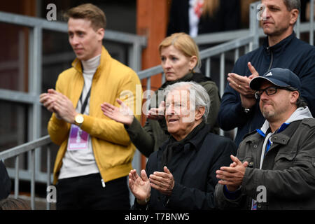 Prague, Czech Republic. 04th May, 2019. Former Czech tennis player Jan Kodes, center, watches the final match of the J&T Banka Prague Open, on May 4, 2019, in Prague, Czech Republic. Credit: Michal Kamaryt/CTK Photo/Alamy Live News Stock Photo