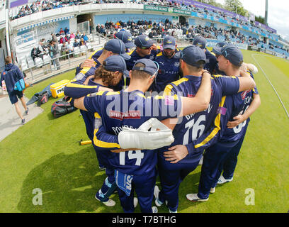 Emerald Headingley Stadium, Leeds, West Yorkshire, UK. 6th May 2019. Yorkshire Vikings Team huddle ahead of the Royal London One Day Cup match Yorkshire Viking vs Durham Lions at Emerald Headingley Stadium, Leeds, West Yorkshire. Credit: Touchlinepics/Alamy Live News Stock Photo