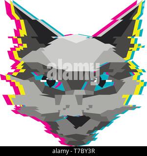 Creative low poly cat illustration with glitch effect. Stock Vector