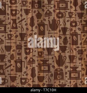 Coffee seamless pattern with a cups. Brown texture of coffee icons on wooden. Stock Vector