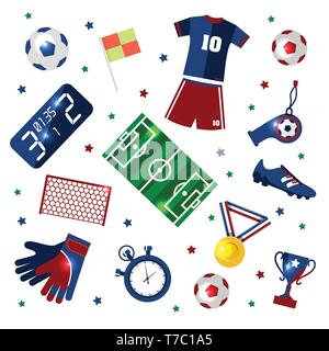 Soccer set of 3d icons with field, ball, trophy, scoreboard, whistle, gloves and boots isolated. Stock Vector