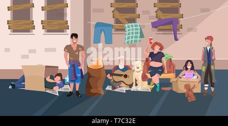 beggars people group relaxing laying down and sleeping together on street homeless jobless concept flat full length horizontal Stock Vector