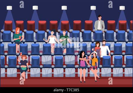 people watching movie casual characters eating fast food with soda sitting on seats modern cinema interior flat horizontal Stock Vector