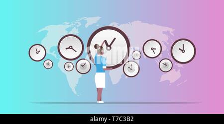 businesswoman pointing on wall with clocks different cities time management deadline concept african ameriscan business woman over world map Stock Vector