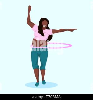 overweight woman doing gymnastic rotating workout with hula hoop african american girl weight loss concept full length Stock Vector