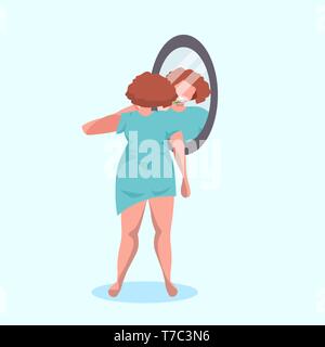 woman in pajama brushing teeth rear view girl in home wear looking into mirror overweight female cartoon character flat full length Stock Vector