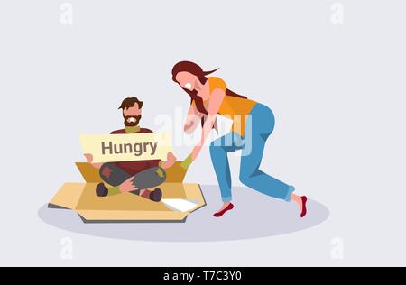 girl giving money to poor man sitting on cardboard begging for help beggar holding sign board homeless concept horizontal flat Stock Vector