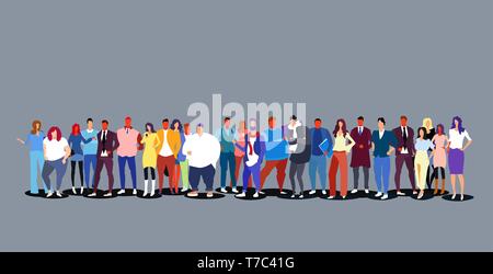 group of people standing together diverse men women businesspeople big crowd full length horizontal Stock Vector