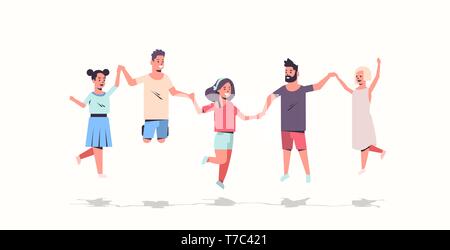 young people group holding hands men women jumping together friends having fun male female cartoon characters full length flat white background Stock Vector