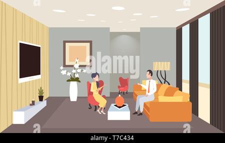 man woman discussing during meeting couple having conversation contemporary living room interior home modern apartment design flat horizontal Stock Vector