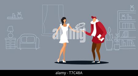 courier man giving bouquet of flowers to woman recipient express delivery service concept girl receiving parcel from deliveryman living room interior Stock Vector