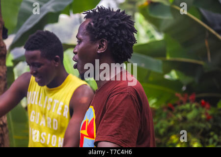Two men in bright shirts standing in jungles among the high green palm trees, singing traditional songs. Curly black hair, black skin. Having fun out Stock Photo