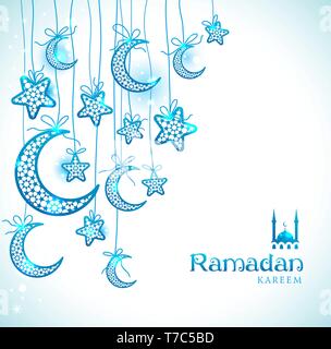 Ramadan Kareem celebration greeting card decorated with blue moons and stars on white background. Stock Vector