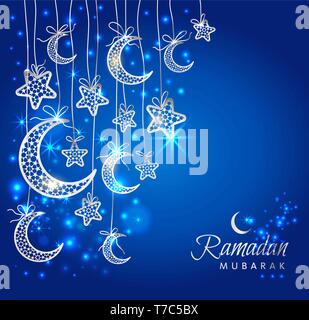 Ramadan Kareem celebration greeting card decorated with moons and stars on blue background. Stock Vector