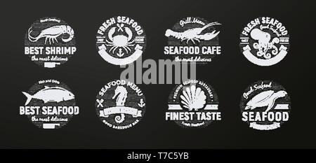Seafood icon. Sea creatures, animals chalked on a school blackboard, seafood silhouette, retro style. Black and white chalk drawing logo template Stock Vector