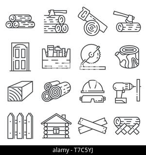 Timber industry icon set. Lline style collection of woodwork tools, carpentry job on white background Stock Vector