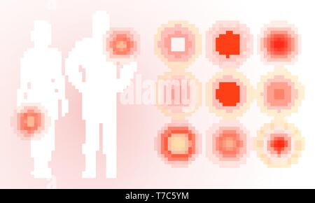 Pain icon on human body. Red pain rings, concentric circles. Flat simple concept design. Isolated vector illustration on blank background. Stock Vector