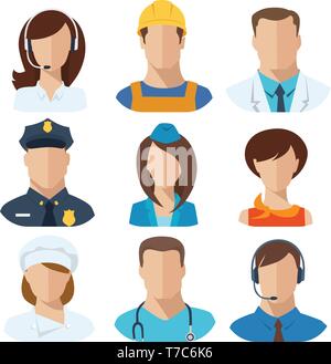 Set of nine different professions male and female avatars.  Stock Vector