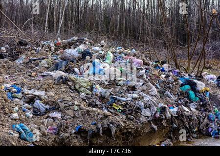 Illegal garbage in spring forest, ecological catastrophe on a large scale in underdeveloped countries. 2019 Stock Photo