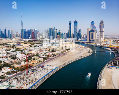 Dubai Water canal footbridge with city panorama in the background Stock ...