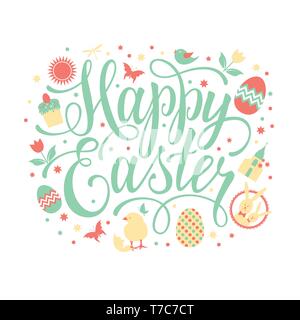 Happy Easter illustration with hand lettering text design Stock Vector