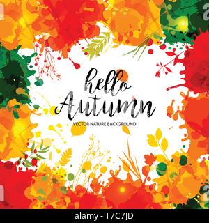 Text Hello Autumn in frame in paper style on multicolor blots background. Hand drawn grunge blots elements.Fall style for autumn celebration. Stock Vector