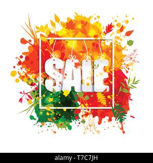 Text Sale in frame in paper style on multicolor blots background. Hand drawn grunge blots elements.Fall style for autumn celebration. Stock Vector